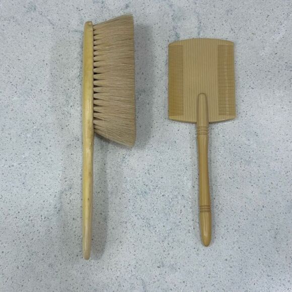 Vintage Celluloid Baby Infant Beige Wooden Dust Hairbrush and Comb Set 2 Piece - Picture 1 of 12
